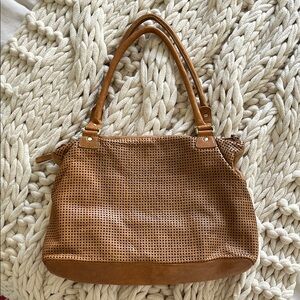 Genuine Leather Perforated Tote Handbag in Cognac